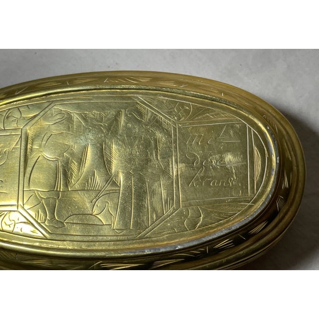 Rare Antique 18th Century Hand Tooled Engraved Brass Dutch Figural Snuff Box For Sale - Image 4 of 12