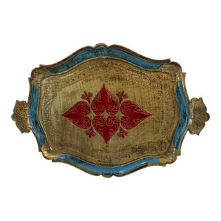 Vintage Italian Florentine Gilt Wood Serving Tray With Heart Design For Sale
