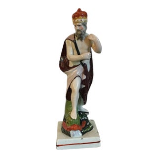 Antique Early 19th Century Staffordshire Pearlware Figure of Neptune Standing Atop a Dolphin C. 1800 For Sale