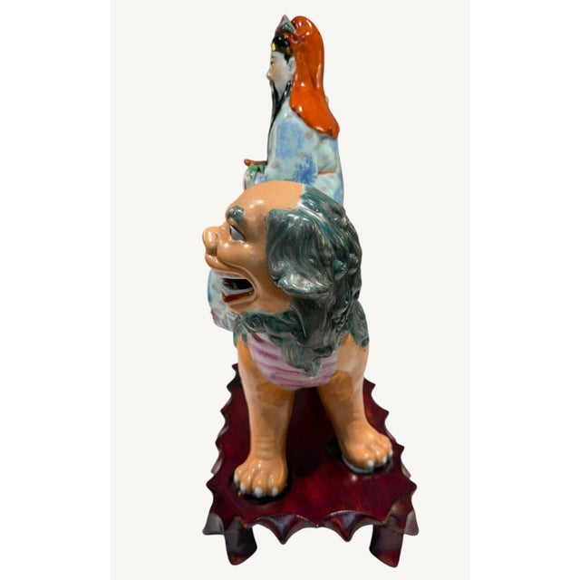 Vintage Chinese Porcelain Immortal W/Child Riding Foo Lion Statue 15" Mark 082 For Sale - Image 12 of 16
