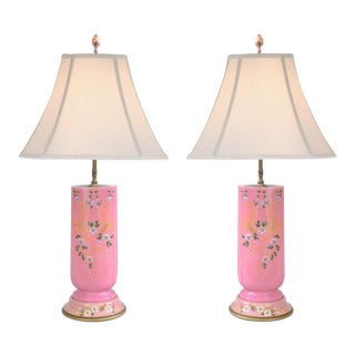 Pair of Antique French Pink Porcelain Floral Hand Painted Table Lamps Old Paris