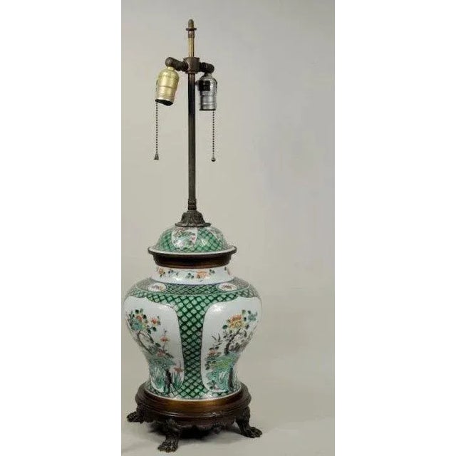 Chinese Famille Vert Porcelain Jar & Cover in French Bronze Mounts as a Table Lamp For Sale - Image 4 of 11