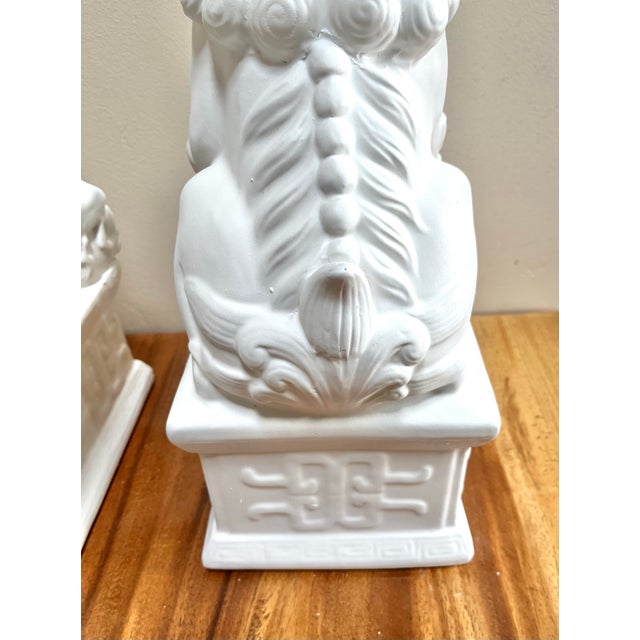 Chinoiserie 17” Tall Matt White Finish Ceramic Food Dog Pair For Sale - Image 10 of 10