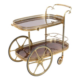Mid-Century French Walnut and Brass Galleried Drinks Trolley, 1950s For Sale