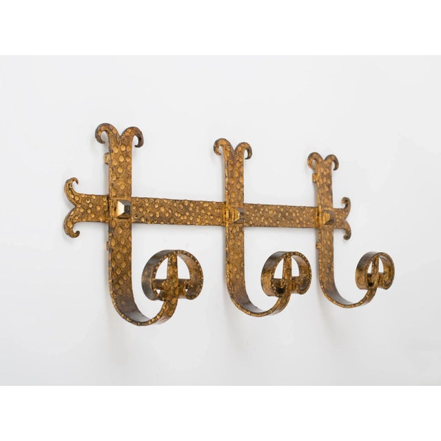 Gothic 1960s Spanish Brutalist Ferro Art Gilt Wrought Iron Wall-Mounted Coat Rack For Sale - Image 3 of 9