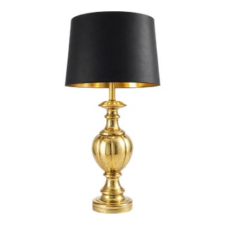 Vintage Hollywood Regency Brass Urn Table Lamp With Black Drum Shade & Gold Interior – 34” For Sale