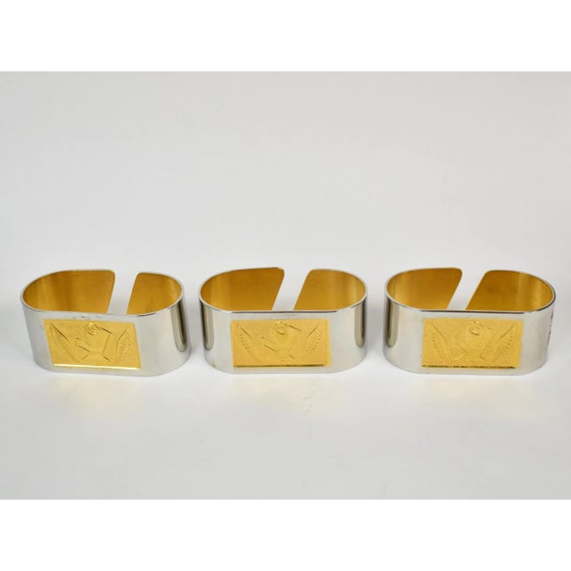 Mid Century Metal Gold and Silver Napkin Rings With Rose Flower Design- Set of 6 For Sale - Image 4 of 8