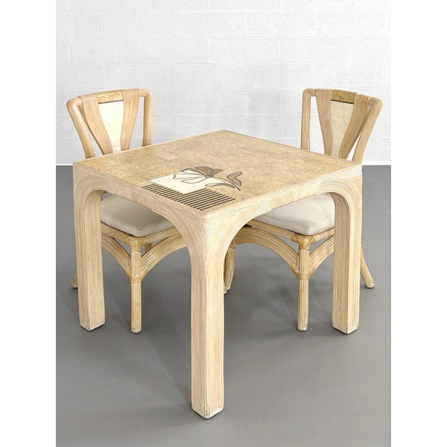 Square Rattan and Stone Marquetry Dining Table and Chairs, 1970s, Set of 3 For Sale - Image 11 of 13
