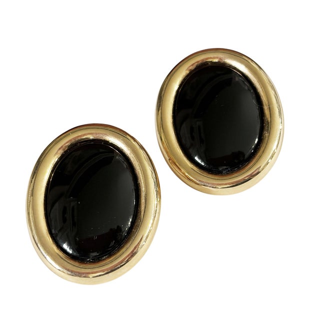 Vintage Gold Tone and Black Enamel Modernist Clip- On Oval Earrings For Sale - Image 4 of 6