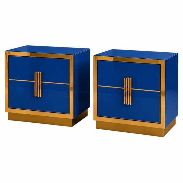 Sapphire blue glass and polished brass create a pronounced contrast in this matching pair of Italian bedside cabinets....