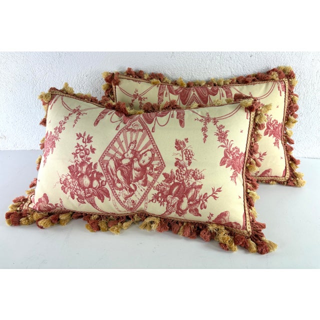 2020s Vintage French Empire Tasseled Cotton Toile Pillows/a Pair For Sale - Image 5 of 10