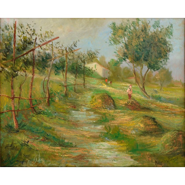 Making Hay - Russian School Mid Century Russian Figurative Landscape Mid Century figurative landscape of old-fashioned hay...