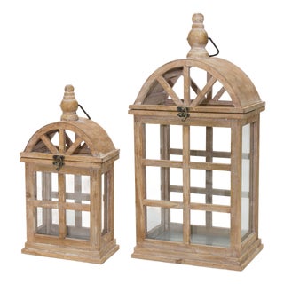 Natural Wooden Lantern with Curved Top (Set of 2) For Sale