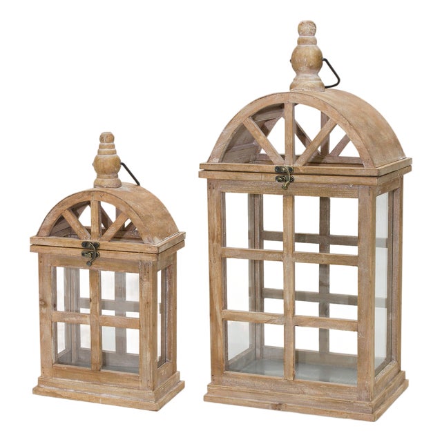 Natural Wooden Lantern with Curved Top (Set of 2) For Sale