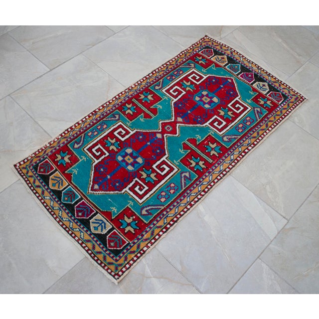 1960s Vintage Small Turkish Rug Turquoise Kitchen Bathtoom Entry Decor 2x4 Ft Approx For Sale - Image 11 of 13