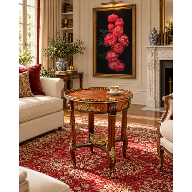 Chocolate Old World Elegance | Antique French-Style Marquetry Guéridon Table With Brass Mounts and Decorative Basket For Sale - Image 8 of 10