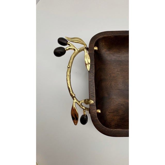 Contemporary 1980s Michael Aram Olive Branch Gold Wood Platter / Tray For Sale - Image 3 of 6