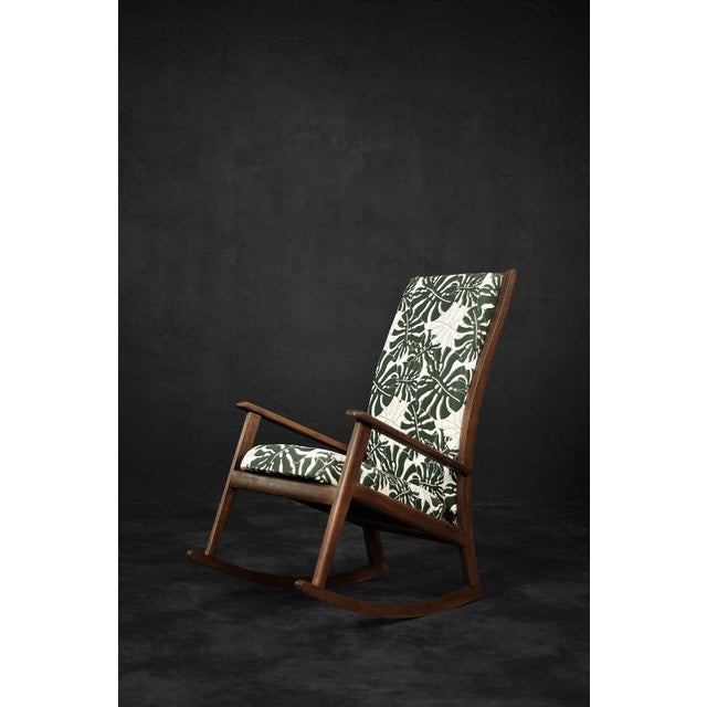 Wood Danish Modern Rocking Chair in Wood and Monstera Leaf Pattern Fabric, 1960s For Sale - Image 7 of 17