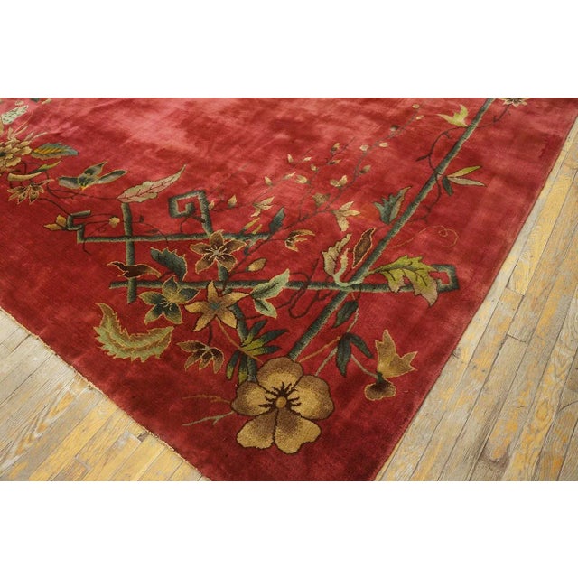 1920s Ruby Red Flora Bamboo Antique Chinese Art Deco Carpet 8'10" X 11'7" Knotted Wool Rug For Sale - Image 4 of 12