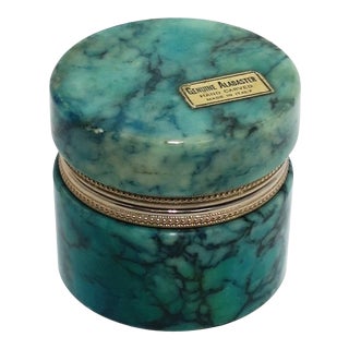 Italian Modern Blue and White Alabaster Marble Round Jewelry Box For Sale