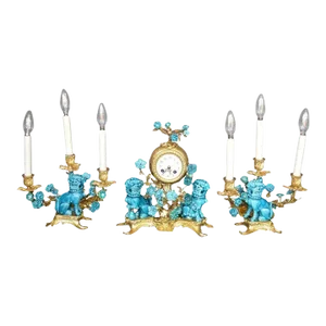 Early 1900s Rococo Chinoiserie Style 3-Piece Gilt Bronze and Porcelain Clock Garniture