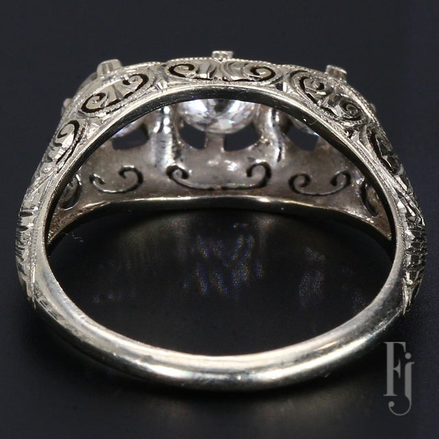 Mid-Century Modern Antique 19k White Gold Three Stone Diamond Ring & Filigree Designs - Size 7.25 For Sale - Image 3 of 6