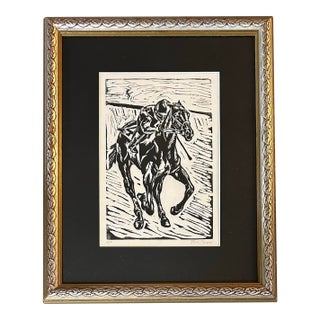 1970’s Original Modernist Horse Jockey Wood Block Print For Sale