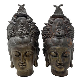 Antique Guan Yin Bodhisattva Bronzed Iron Head Figures - Set of 2 For Sale