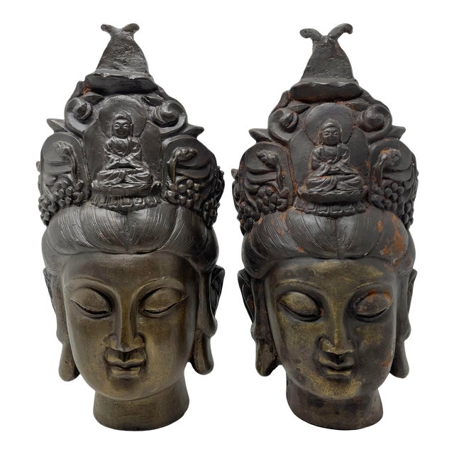 Antique Guan Yin Bodhisattva Bronzed Iron Head Figures - Set of 2 For Sale