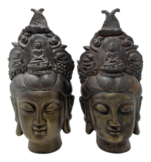 Antique Guan Yin Bodhisattva Bronzed Iron Head Figures - Set of 2