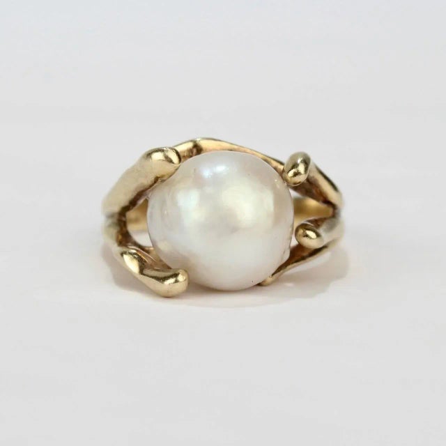 Modern Vintage Modernist Gold and Baroque Pearl Cocktail Ring Size 6.25 For Sale - Image 3 of 9