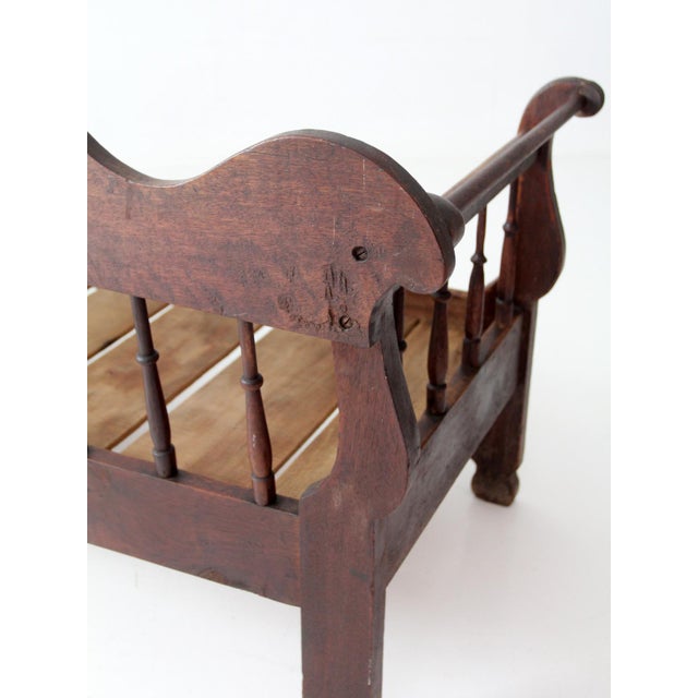Antique 19th Century Wooden Spindle Back Bench With Scalloped Crest Rail For Sale - Image 9 of 18