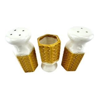 Vintage 1960's Mid Century Japanese Salt and Pepper Shakers With Toothpick Holders- 3 Pieces For Sale