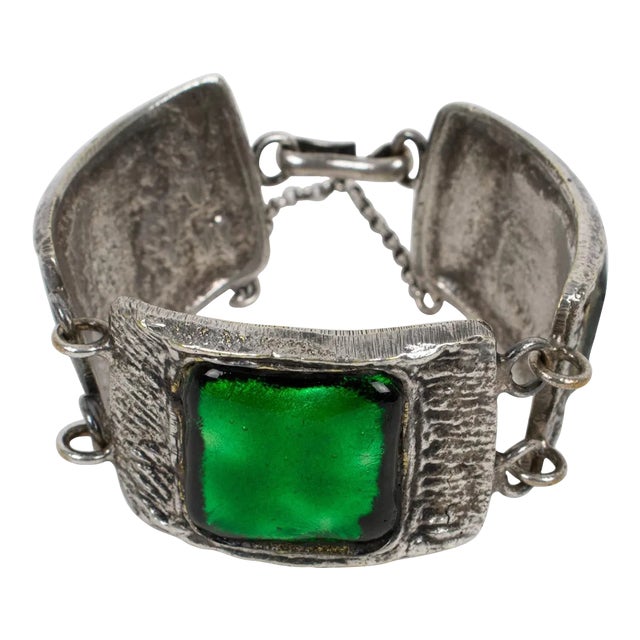 French Designer Willy Silvered Bronze and Green Glass Link Bracelet For Sale