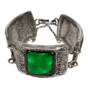 French Designer Willy Silvered Bronze and Green Glass Link Bracelet