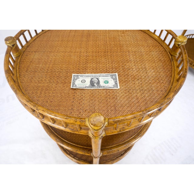 Mid-Century Modern Pair of Maguire Round Reed & Cane Three Tier Gallery Top Serving Tables Stands For Sale - Image 3 of 12