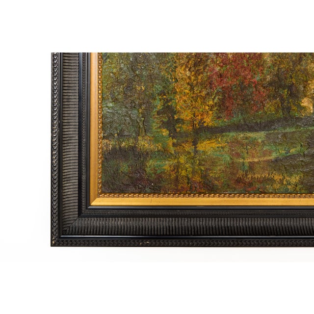 Beautiful English impressionistic forest landscape painting heavily textured in earth-toned oil paints and held in a...