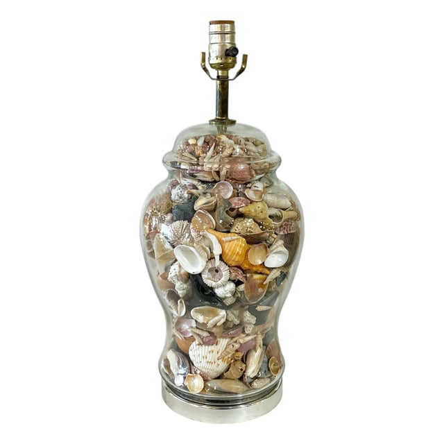 Vintage Glass Ginger Jar Shell Filled Lamp For Sale
