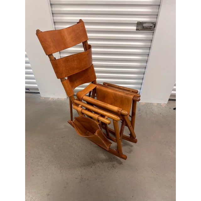 Brown Mid 20th Century Campaign Style Teak Brown Leather Folding Rocker Rocking Chair For Sale - Image 8 of 12