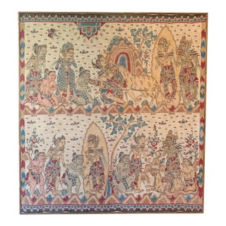 Bali Hindu Textile Framed 'Kamasan' Painting, Indonesia C. 1950 For Sale