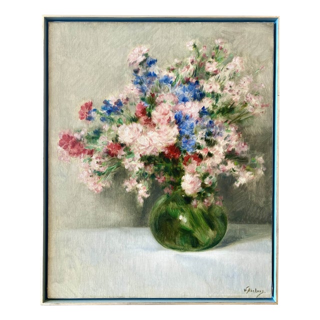 Victor Abeloos, Bouquet of Flowers in a Green Vase, 1890s, Oil Painting on Canvas, Framed For Sale