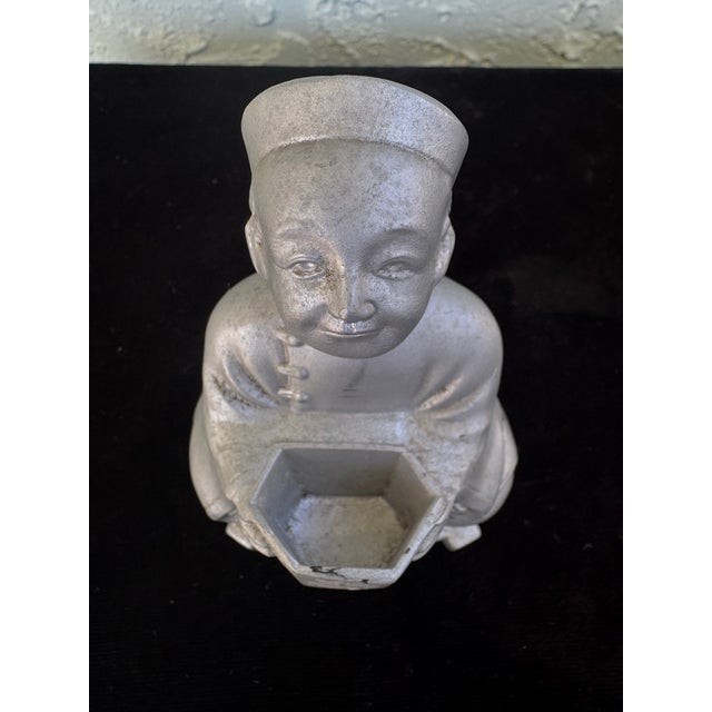 Vintage Asian Cast Metal Scholar Figurine Incense Burner With Longevity Symbol For Sale - Image 4 of 7
