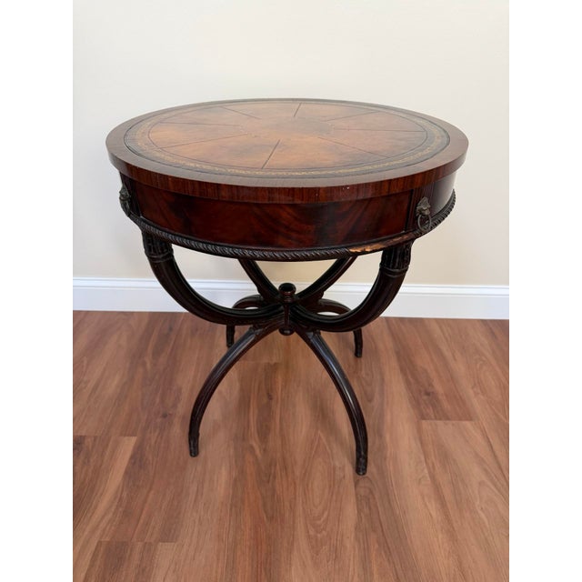 Mid-Century Regency Mahogany Drum Table With Lion Head Pulls For Sale - Image 11 of 16