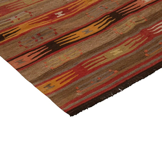 1940s Vintage Mid-Century Geometric Beige-Brown and Yellow Wool Kilim Rug With Multicolor Accents For Sale - Image 5 of 5