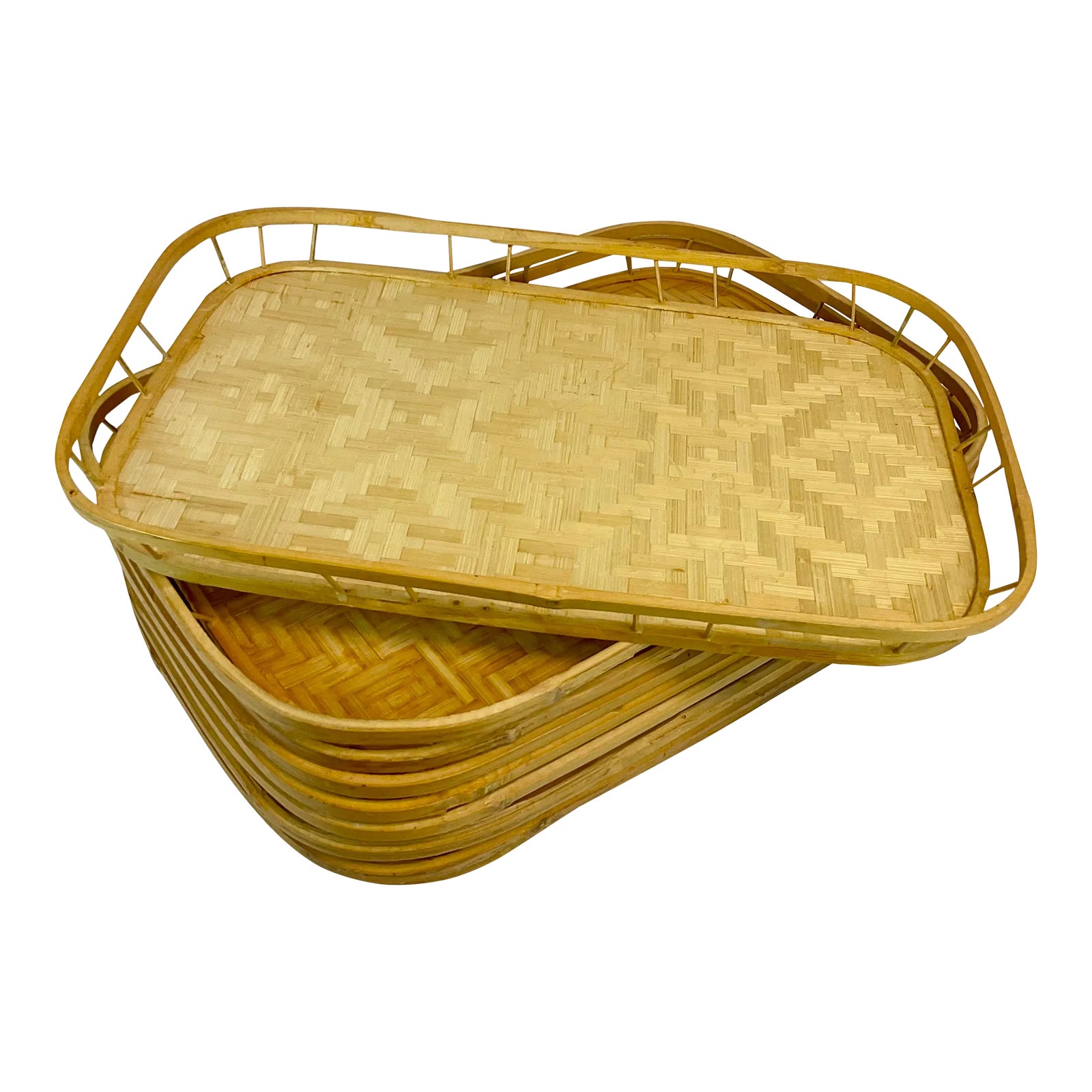 Mid-Century Boho Chic Coastal Woven Rattan Stacking Serving Tiki Trays ...