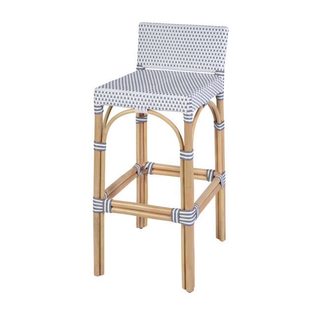 Coastal Serienna 30 in. Seat Height Rectangular Rattan Low Back Bar Stool, White/Gray Dot / Natural Rattan Frame For Sale - Image 3 of 11