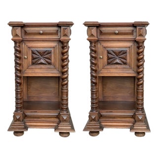 Mid 19th Century Pair of Solid Carved Brutalist French Nightstands with Solomonic Columns For Sale