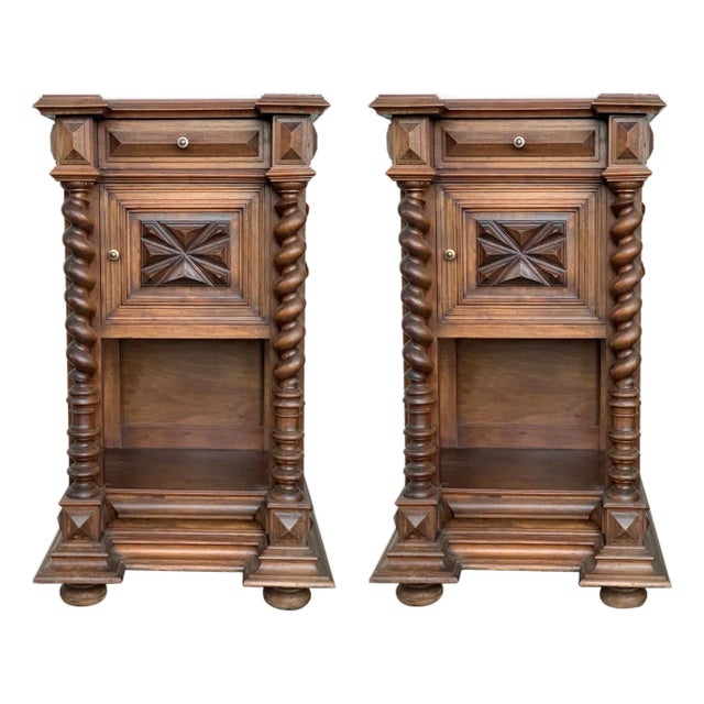 Mid 19th Century Pair of Solid Carved Brutalist French Nightstands with Solomonic Columns For Sale