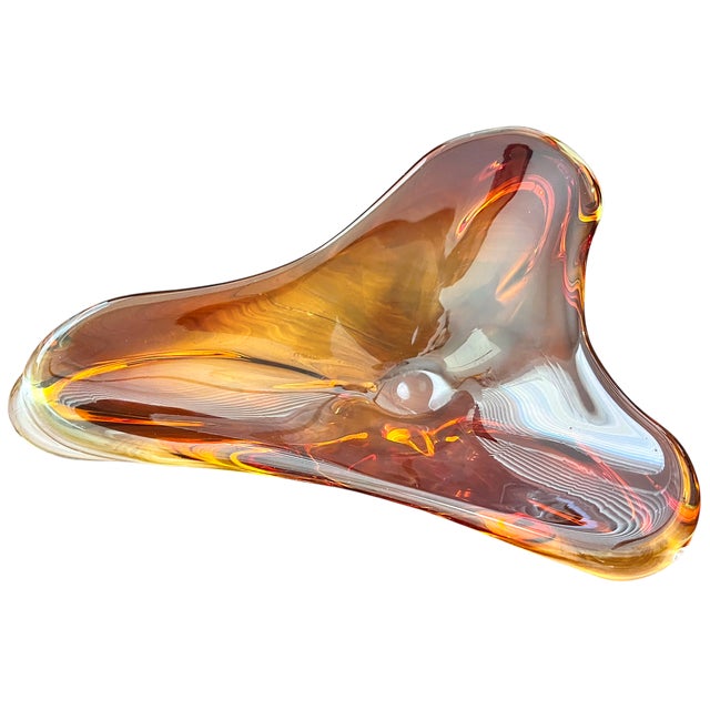 Mid-Century Modern Mid 20th Century Venetian Murano Style Amber Sommerso Art Glass Biomorphic Dish Bowl For Sale - Image 3 of 11