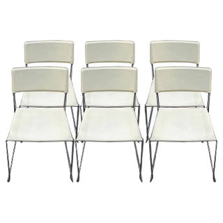 Italian Cream Crust Leather Stackable Dining Chairs, 1970s, Set of 6 For Sale